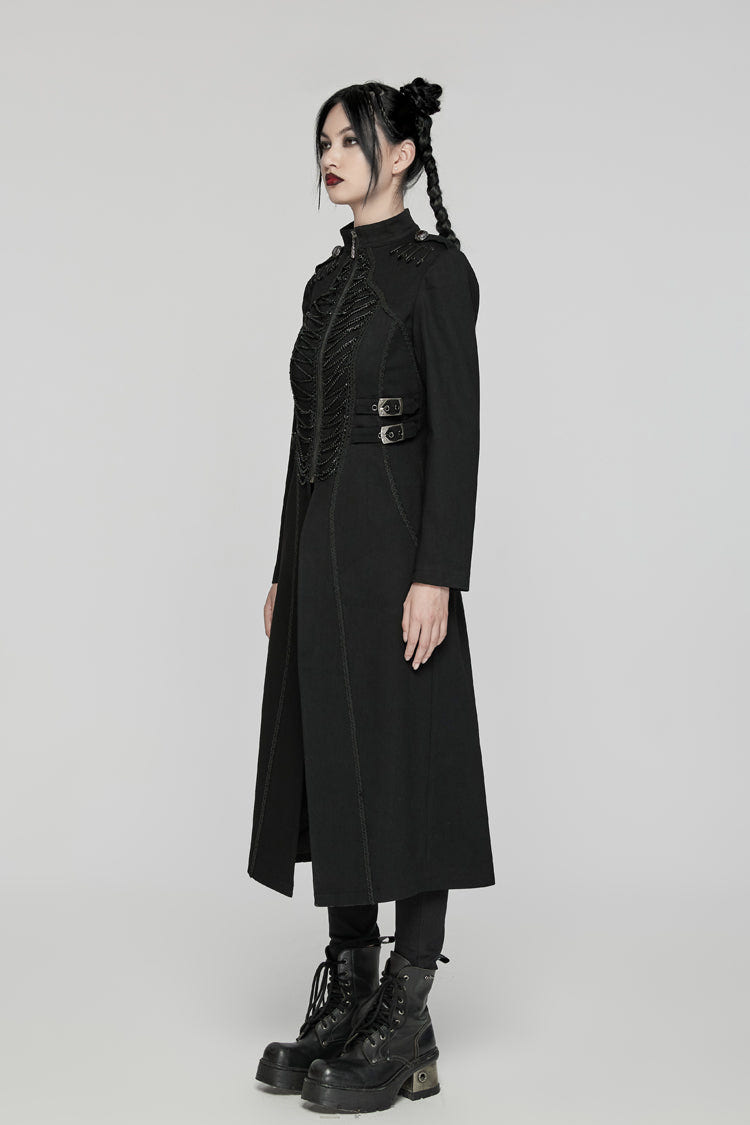 Black Stand Collar Chain Zipper Long Sleeves Women's Gothic Long Coat - Product - 5