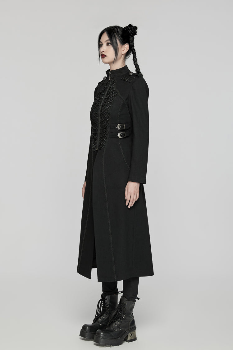 Black Stand Collar Chain Zipper Long Sleeves Women's Gothic Long Coat - Product - 5