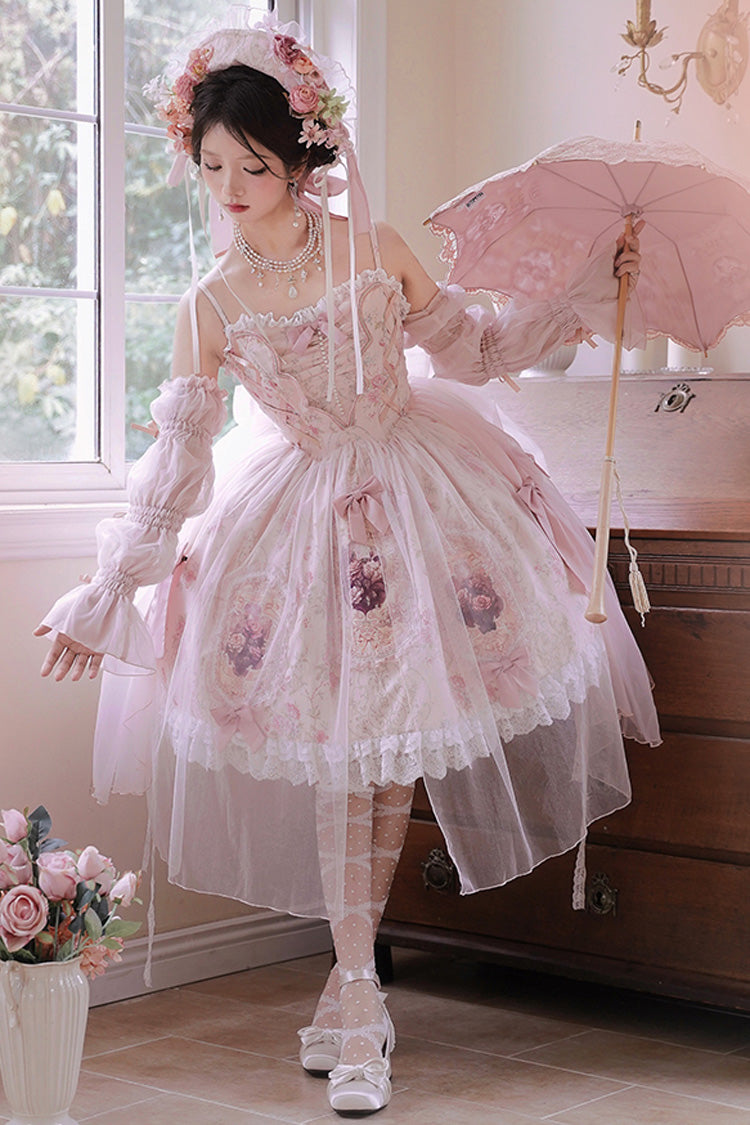 Pink [Rose Window] Print Ruffle Bowknot Lace Sweet Elegant Princess Lolita Jsk Dress - Pink - 1