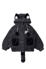 Black/Grey [Little Hibernating Bear] Long Sleeves Hooded Zippered Sweet Lolita Coat and Pants Set - Coat - 6
