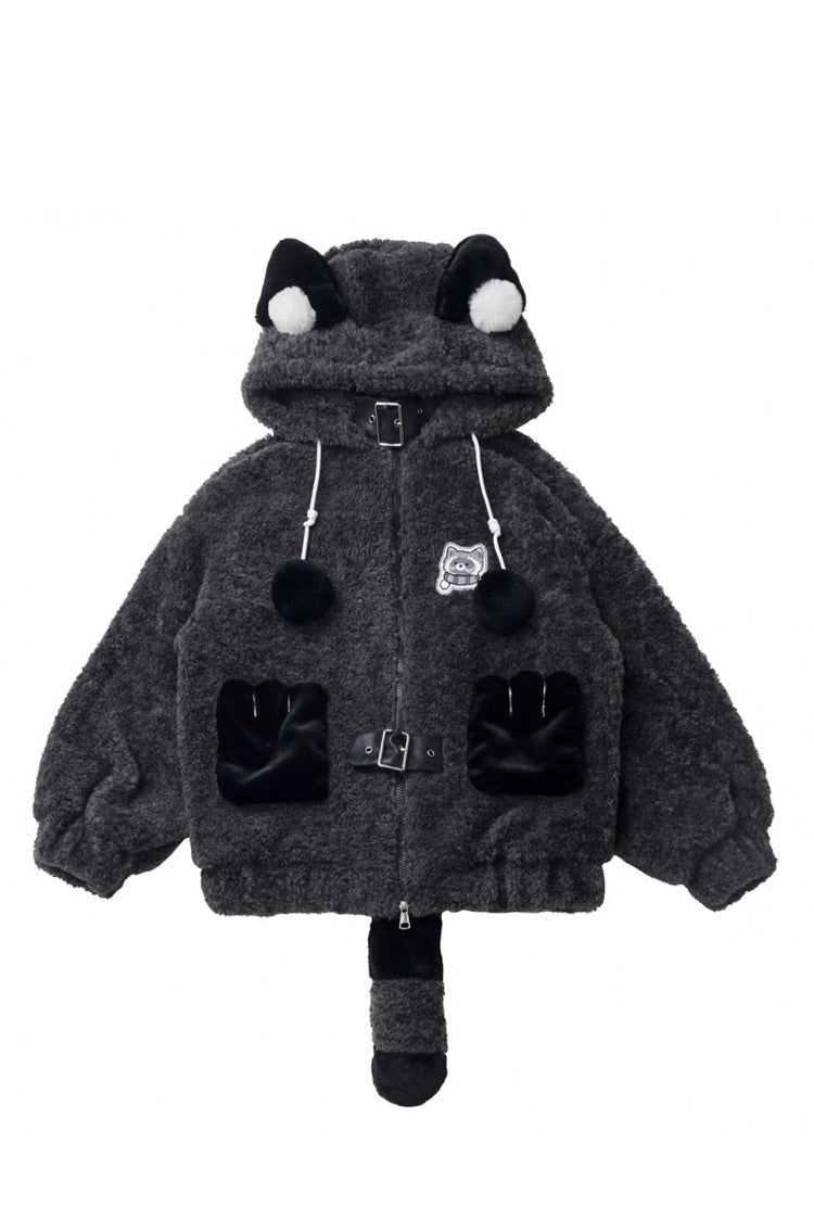 Black/Grey [Little Hibernating Bear] Long Sleeves Hooded Zippered Sweet Lolita Coat and Pants Set - Coat - 6