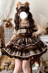 Brown [Caramel Cocoa] Double-Layered Print Ruffle Bowknot Sweet Lolita Jsk Dress - Product - 3