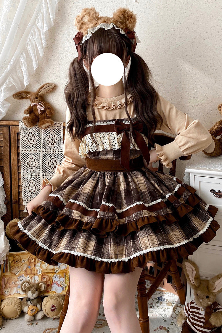 Brown [Caramel Cocoa] Double-Layered Print Ruffle Bowknot Sweet Lolita Jsk Dress - Product - 3