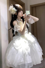 White [Cindy Rose] Halterneck Sleeveless Ruffle Bowknot Sweet Elegant Lolita Jsk Dress - Product - 6