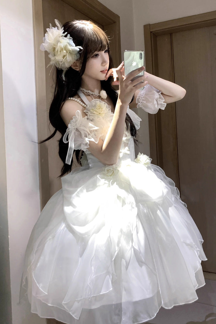 White [Cindy Rose] Halterneck Sleeveless Ruffle Bowknot Sweet Elegant Lolita Jsk Dress - Product - 6