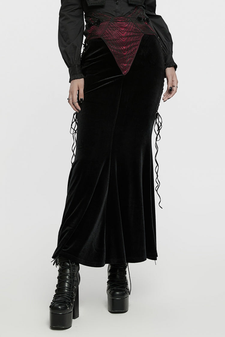 Black/Red Ruffle Rose Embroidery Lace-Up Women's Gothic Fishtailed Skirt - Product - 2
