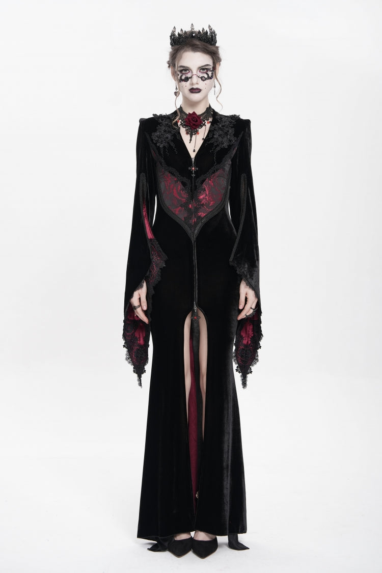 Black/Red V Collar Long Trumpet Sleeves Floral Embroidered Velvet Women's Gothic Dress - Product - 5