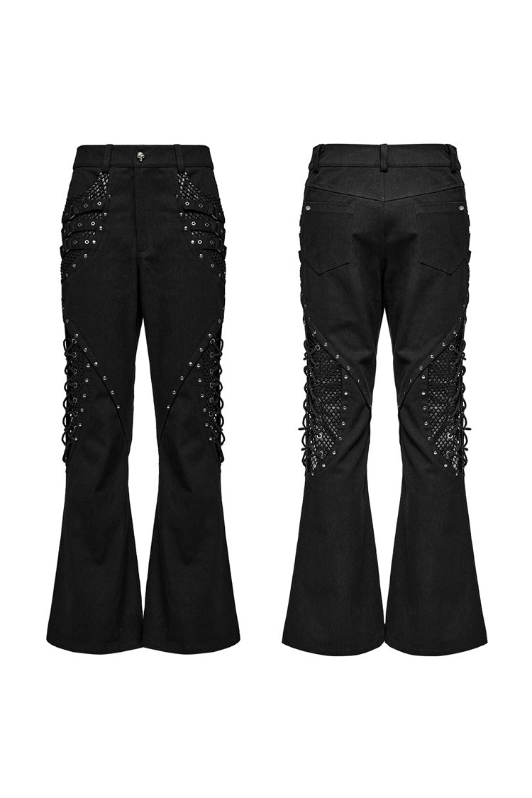 Black Stitching Lace-Up Mesh Men's Gothic Flared Pants - Product - 5