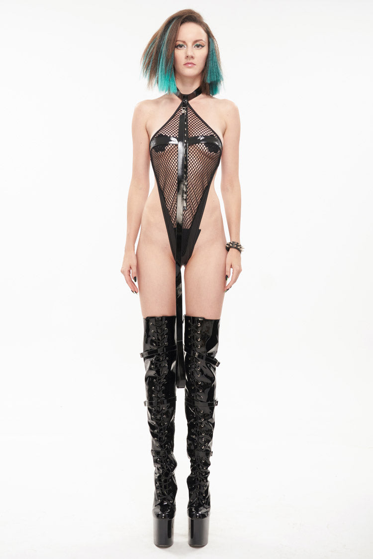 Black Sexy Leather Neck Ring Metal Rivets Fishnet Women's Punk Underwear - Product - 2