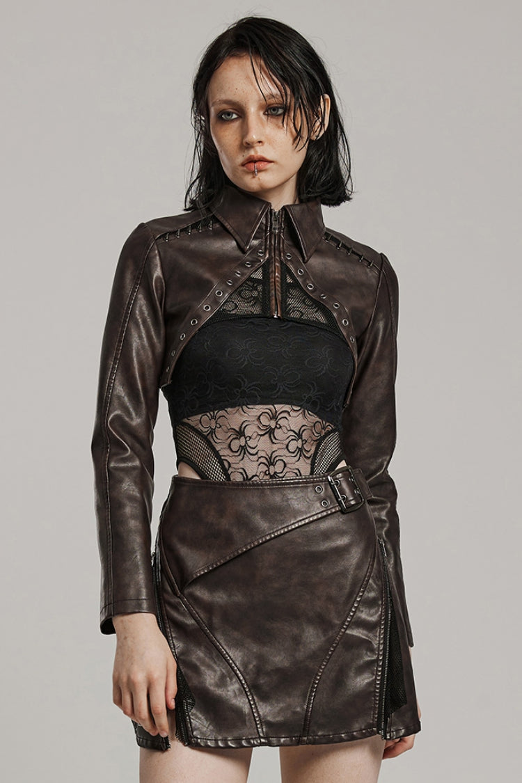 Brown Lapel Collar Long Sleeves Stitching Women's Faux Leather Punk Short Jacket - Brown - 1