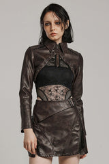 Brown Lapel Collar Long Sleeves Stitching Women's Faux Leather Punk Short Jacket - Brown - 1