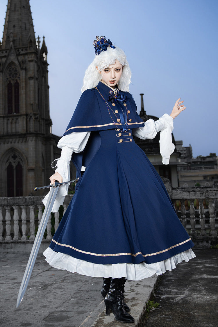 Blue [Eternal Crown] Stand Collar Long Lantern Sleeves Ruffled Color-Blocked Faux Two-Piece Classic Royal Lolita Dress 2 Versions - Product - 19