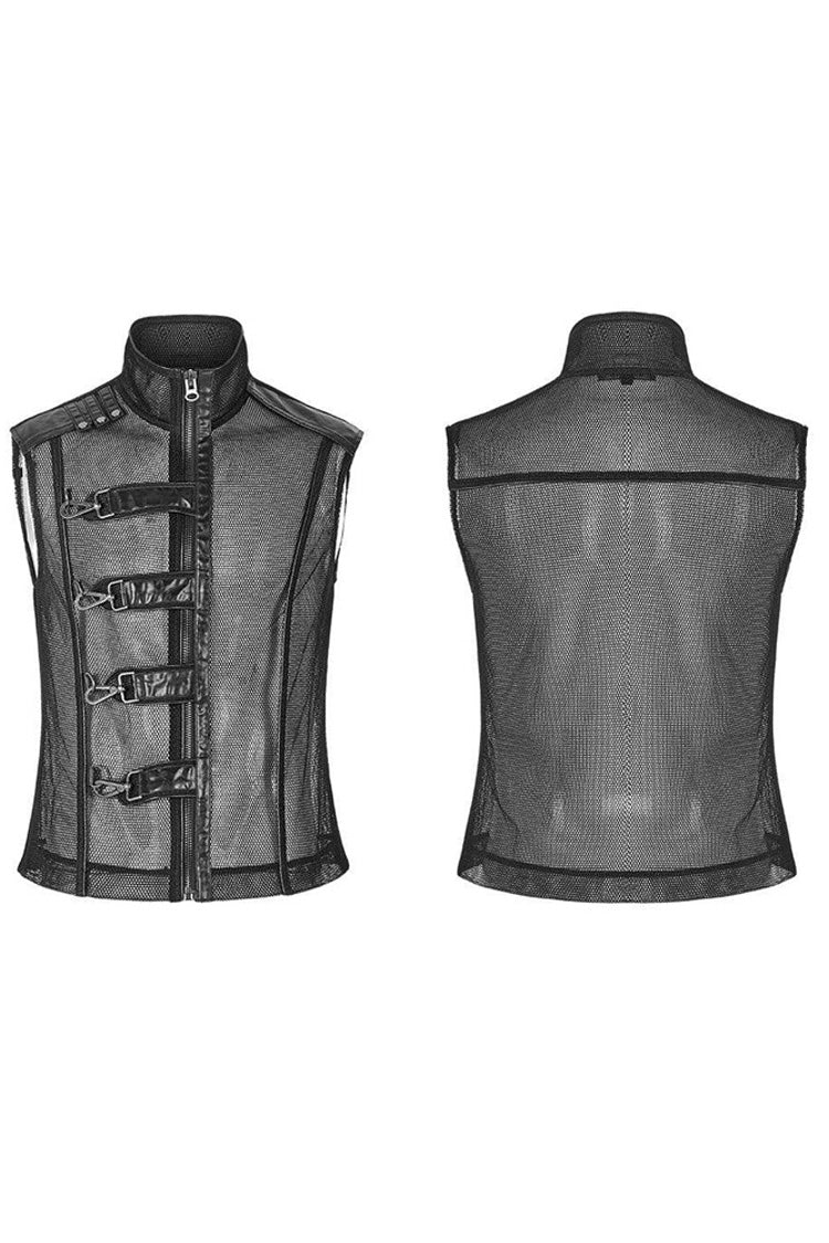 Black Punk Rough No Elasticity Woven Mesh Metal Buckle Belts Decoration Perspective Sleeveless Metal Zipper Men's Vest - Product - 5