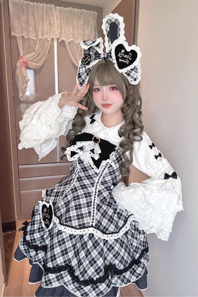 Black/White [Shibuya Sweetheart] Sleeveless Plaid Print Ruffle Bowknot Sweet Lolita Jsk Dress (Plus Size Support) - Product - 2