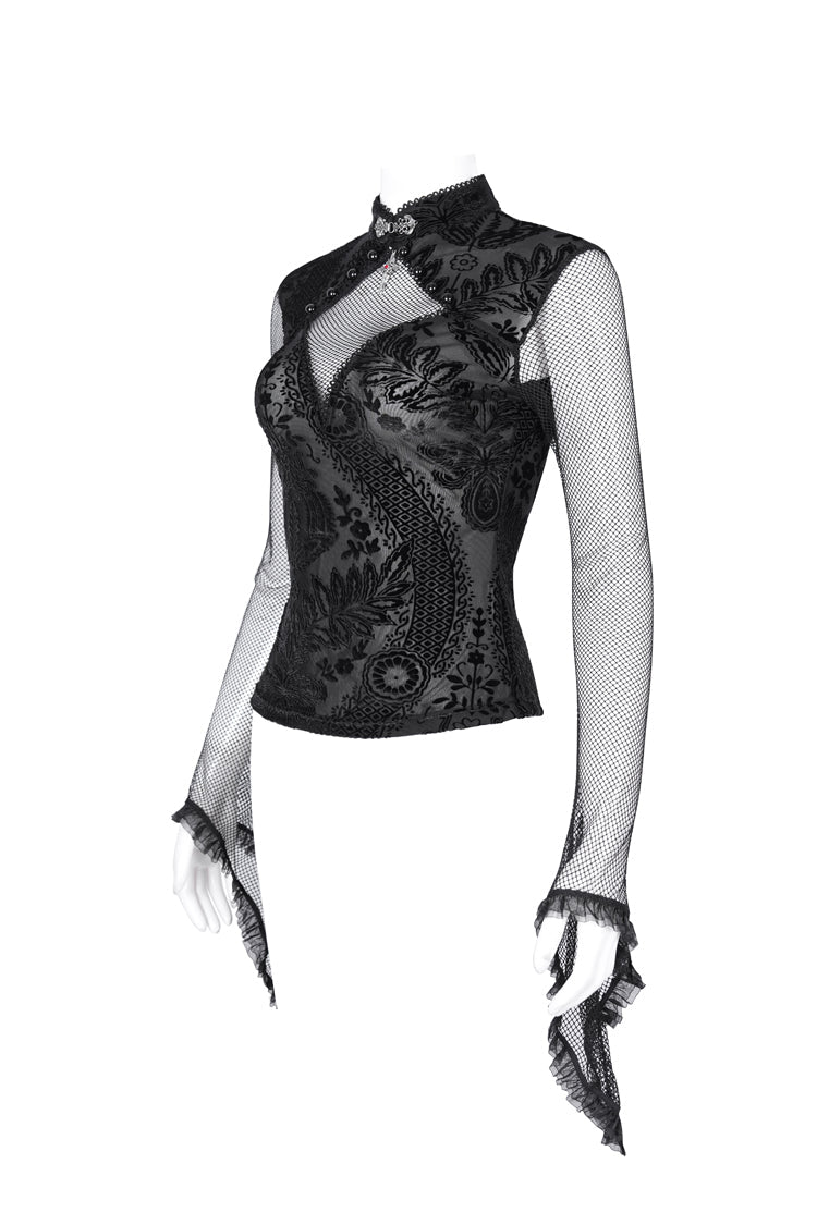 Black Stand Collar Hollow Embroidery Lace Women's Gothic Blouse - Product - 7