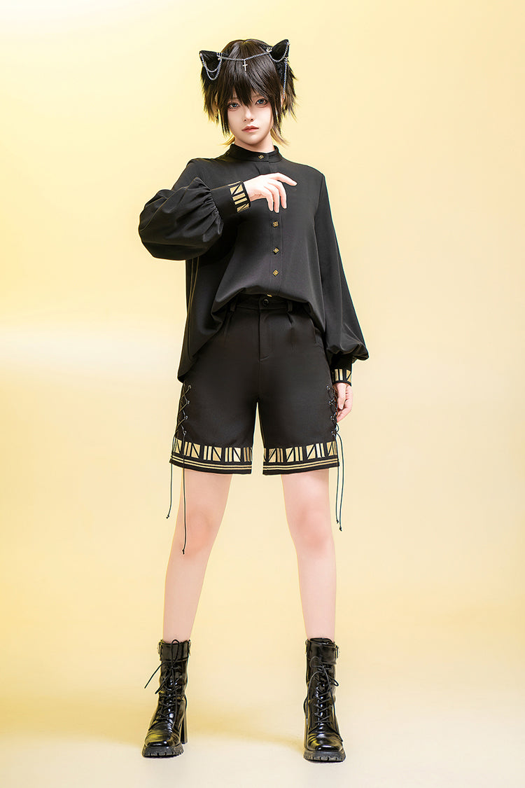 Black [Black Cat] Print Embroidery Ouji Gothic Vintage Prince Handsome Lolita Shorts - Product - 9