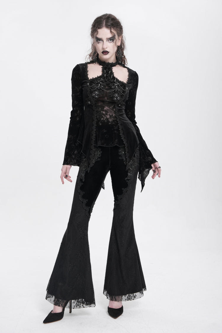 Black Halterneck Long Trumpet Sleeves Jacquard Embroidery Women's Gothic Blouse - Product - 9