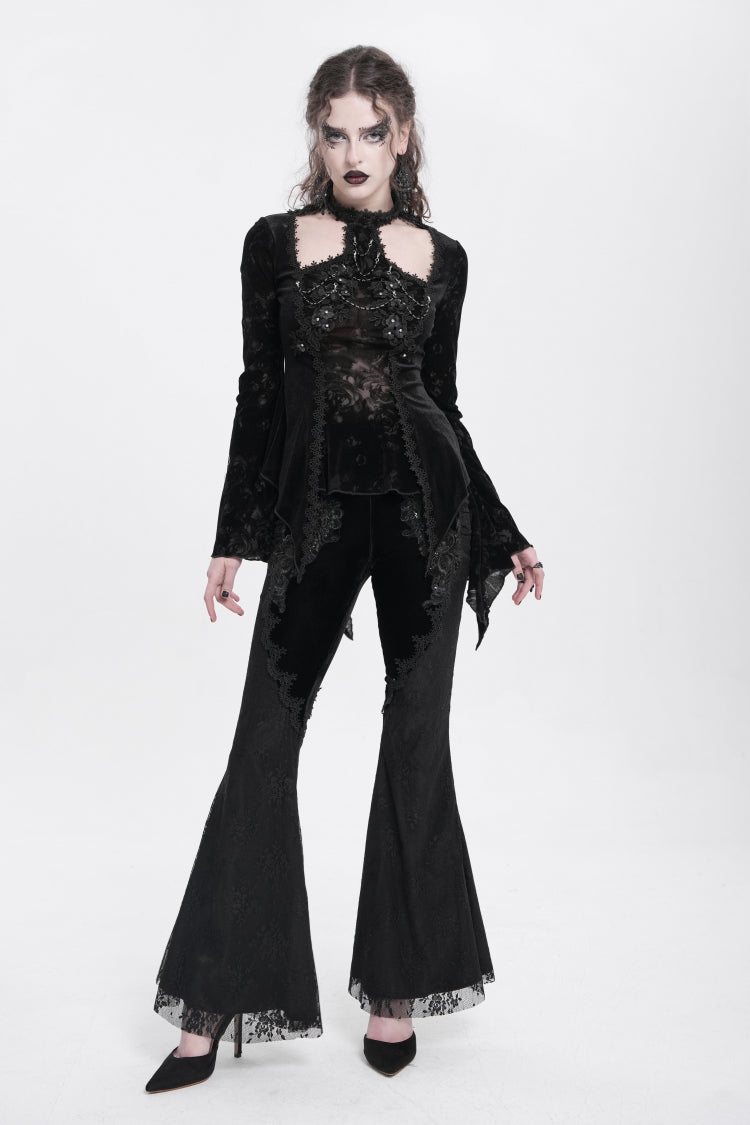 Black Halterneck Long Trumpet Sleeves Jacquard Embroidery Women's Gothic Blouse - Product - 9