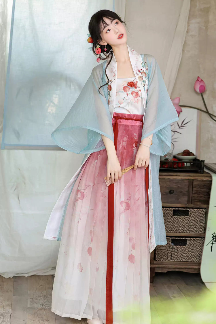 Multi-Color [Lychee Blossom Shoot] Half Sleeves Printed Embroidered Women's Sweet Hanfu Set - Product - 3