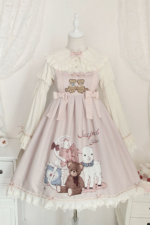 Pink Sheep & Bear Print Alice Girl Bowknot Ruffled Sweet Lolita JSK Dress - Pink - 1