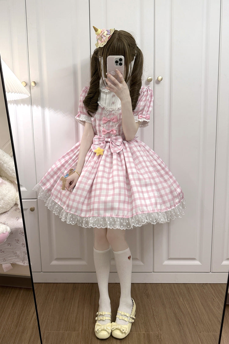 Pink Rabbit & Bear Plaid Print Short Sleeves Ruffle Embroidery Bowknot Lace Sweet Lolita Dress - Product - 2
