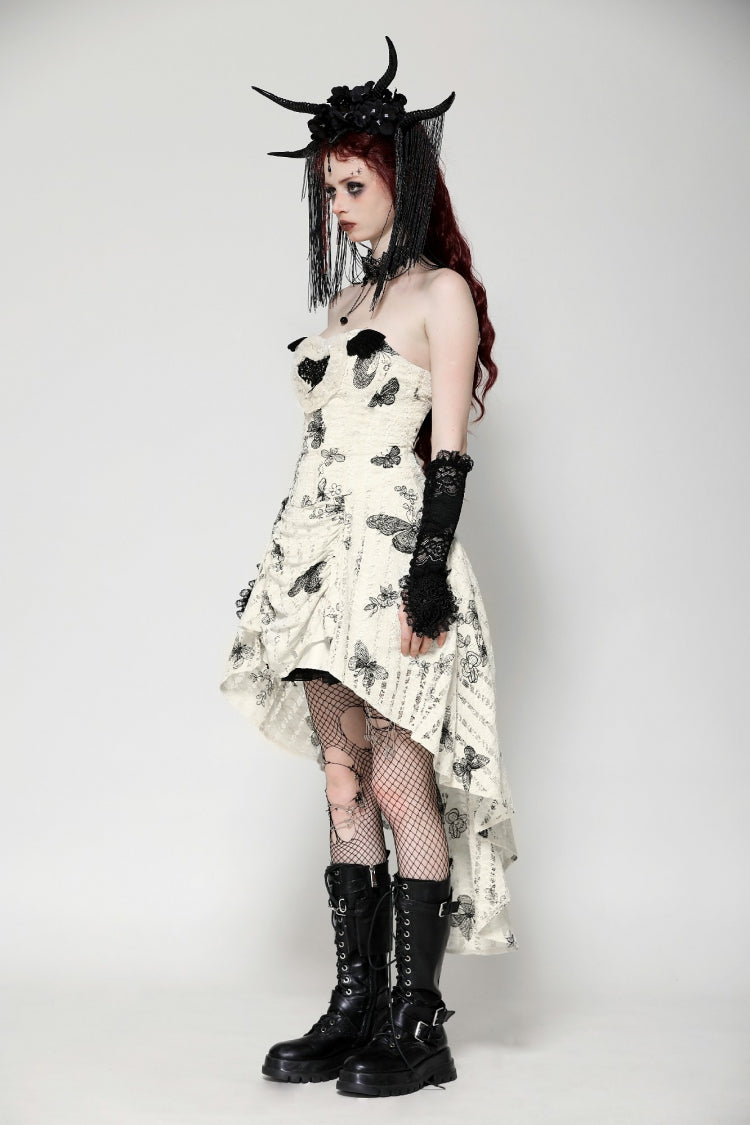 Black/White Butterfly Embroidered Lace-Up Women's Gothic High/Low Honeymoon Dress - Product - 2