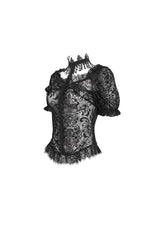 Black Short Sleeves Print Ruffle Lace Sheer Women's Gothic Blouse - Product - 6