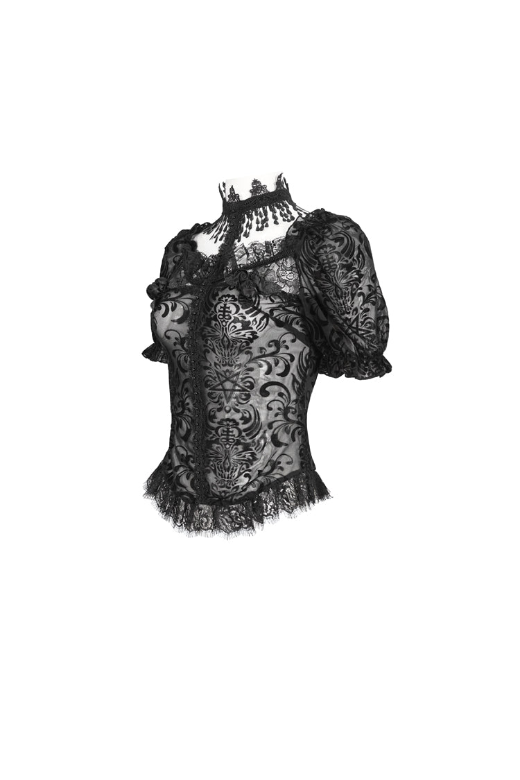 Black Short Sleeves Print Ruffle Lace Sheer Women's Gothic Blouse - Product - 6