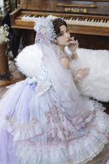 Blue [Moonlight Melody] Off Shoulder Sleeveless Multi-Layered Hanayome Open-Front Bow Lace Sweet Gorgeous Lolita Jsk Dress Set - Product - 7