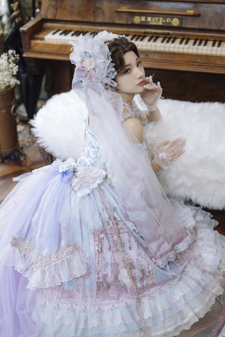 Blue [Moonlight Melody] Off Shoulder Sleeveless Multi-Layered Hanayome Open-Front Bow Lace Sweet Gorgeous Lolita Jsk Dress Set - Product - 7
