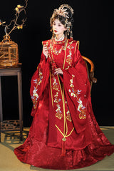 Red Chinese Style Hot Stamping Embroidery High Waisted Hanfu Dress Full Set - Product - 4