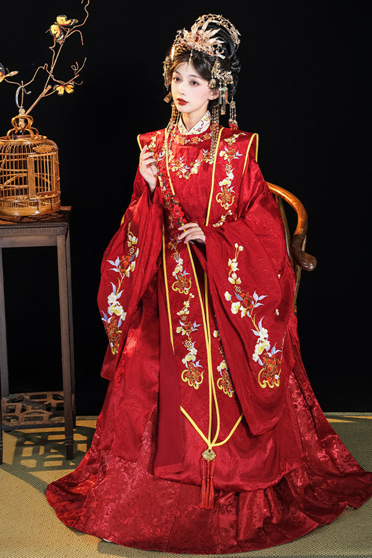 Red Chinese Style Hot Stamping Embroidery High Waisted Hanfu Dress Full Set - Product - 4