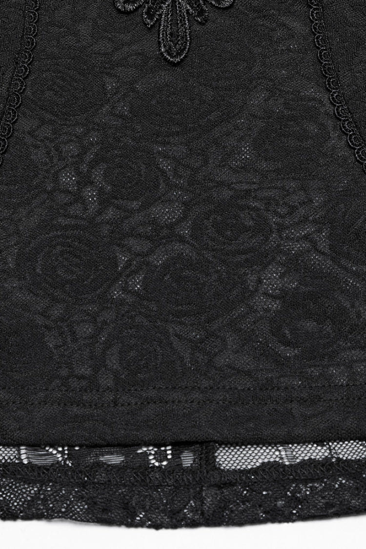 Black Stand Collar Short Sleeves Ruffle Hollow Embroidery Lace Sheer Women's Gothic Blouse - Product - 8
