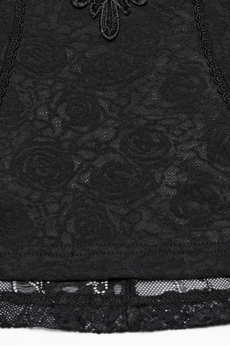 Black Stand Collar Short Sleeves Ruffle Hollow Embroidery Lace Sheer Women's Gothic Blouse - Product - 8