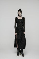Black Round Collar Long Sleeves Cut-Out Lace-Up Slim Buckled Chain-Decorated Eyelet Women's Punk Cool Dress - Product - 1