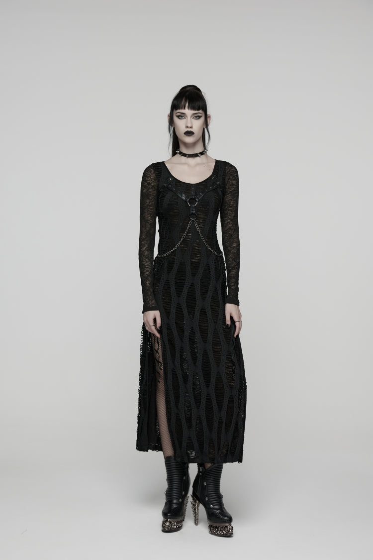 Black Round Collar Long Sleeves Cut-Out Lace-Up Slim Buckled Chain-Decorated Eyelet Women's Punk Cool Dress - Product - 1