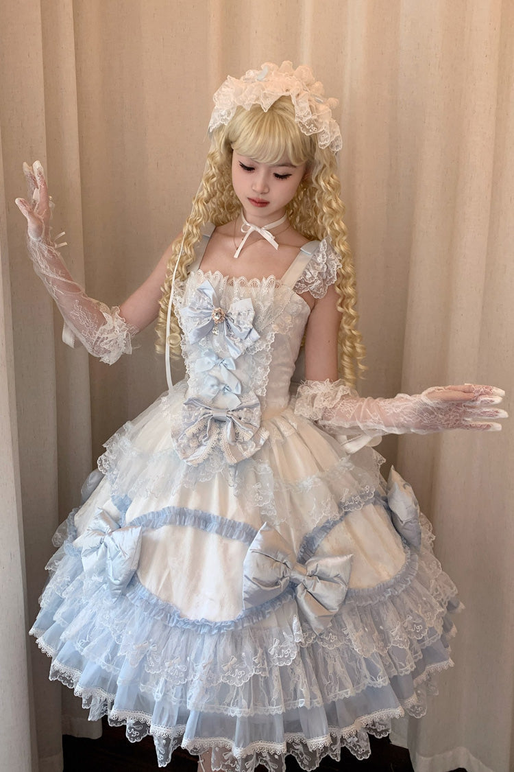 White/Blue [Flower Dream Isle] Square Collar Multi-Layered Ruffled Bow Lace Sweet Lolita Jsk Dress - Product - 4