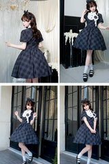 Showa Girls Summer Plaid Print Daily Short Sleeves Classic Princess Lolita Dress 2 Colors - Product - 5