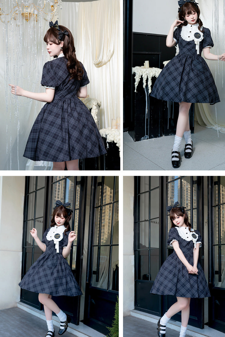 Showa Girls Summer Plaid Print Daily Short Sleeves Classic Princess Lolita Dress 2 Colors - Product - 5
