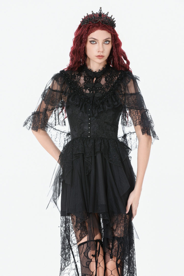 Black Sleeveless Ruffled Lace Spliced Mesh Women's Gothic Cape - Product - 7