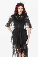 Black Sleeveless Ruffled Lace Spliced Mesh Women's Gothic Cape - Product - 7
