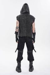 Black Spliced Hooded Buckled Eyelet Men's Punk Cool Vest - Product - 9