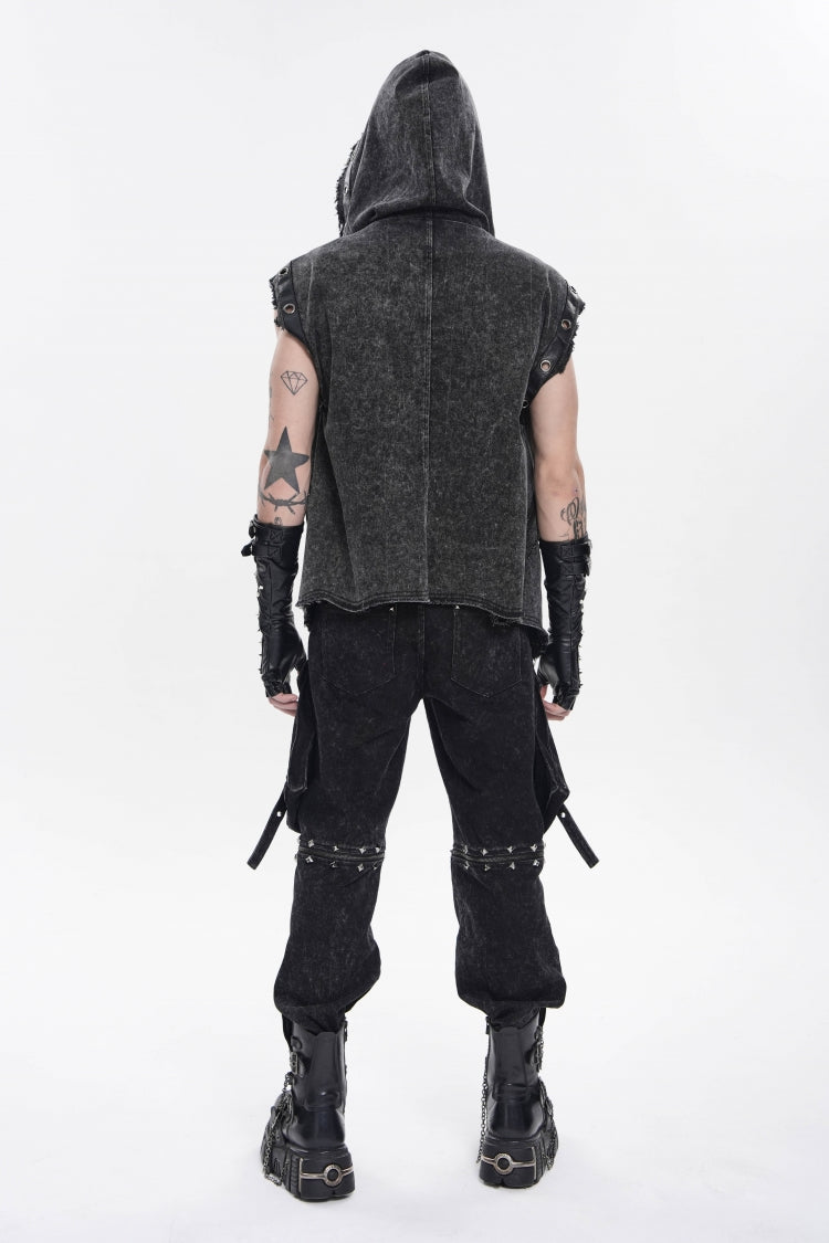Black Spliced Hooded Buckled Eyelet Men's Punk Cool Vest - Product - 9