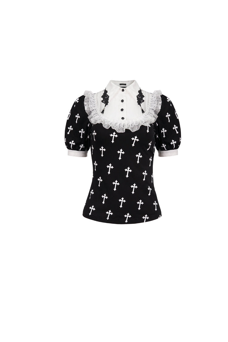 Black/White Cross Printed Chest Paneled Chiffon With Lace Collar Applique? Lace Strap Pendant Women's Punk Shirt - Product - 7