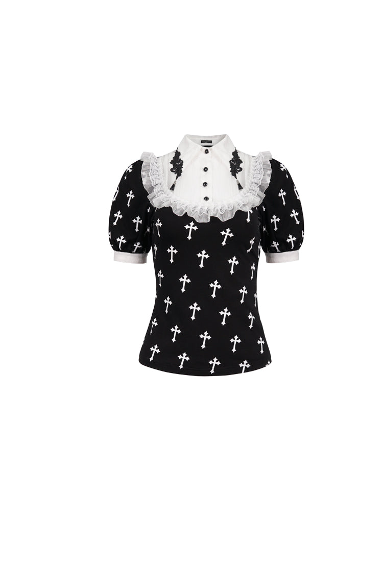 Black/White Cross Printed Chest Paneled Chiffon With Lace Collar Applique? Lace Strap Pendant Women's Punk Shirt - Product - 7