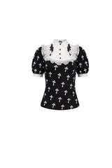 Black/White Cross Printed Chest Paneled Chiffon With Lace Collar Applique? Lace Strap Pendant Women's Punk Shirt - Product - 7
