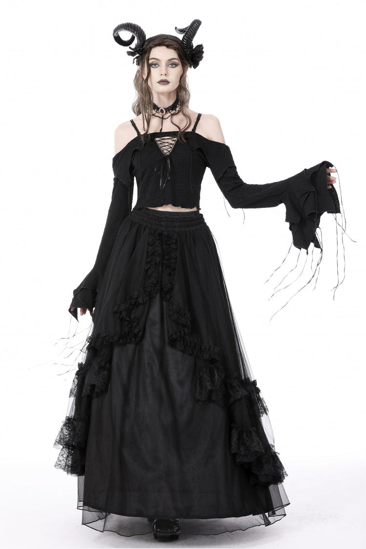 Black Off Shoulder Long Trumpet Sleeves Lace-Up Women's Gothic Sexy Crop Top - Product - 9