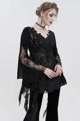 Black V-Neck Beading Lace Flared Cuffs Floral Hip Covered Long Sleeves Women's Gothic T-Shirt - Product - 2