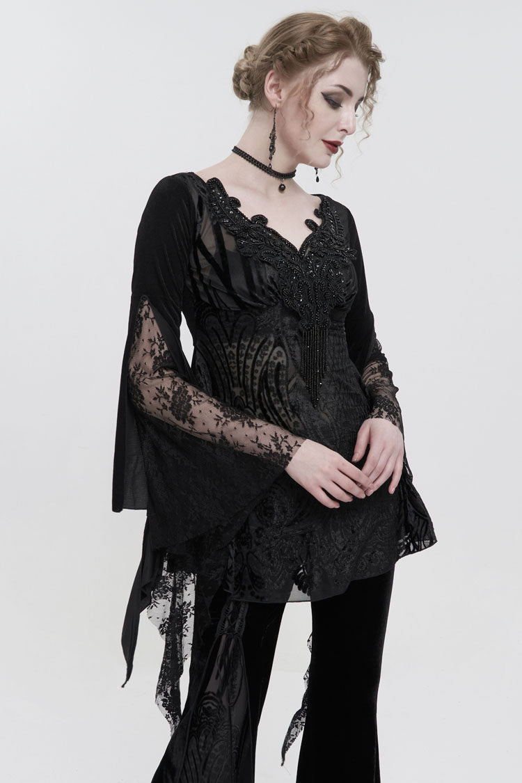 Black V-Neck Beading Lace Flared Cuffs Floral Hip Covered Long Sleeves Women's Gothic T-Shirt - Product - 2