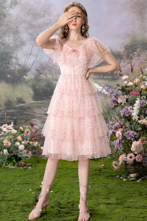 Pink Round Collar Ruffled Short Sleeves Polka Dot Print Sweet Lolita Tiered Dress - Product - 2